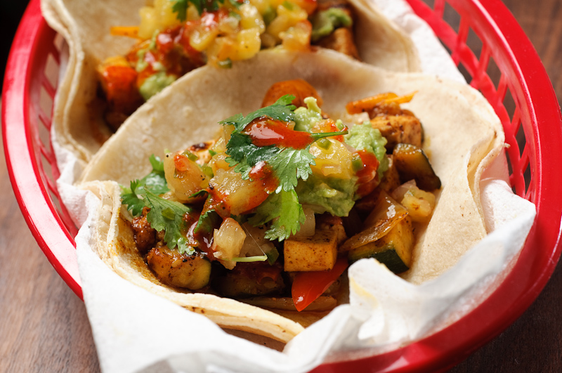Vegetarian (and vegan) tacos filled with achiote flavore grilled tofu and peppers