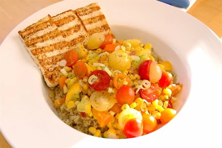 Lemongrass Corn Saute With Grilled Tofu and Quinoa