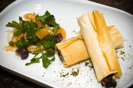 Phyllo Wrapped Feta and Chard with a Citrus and Olive Salad