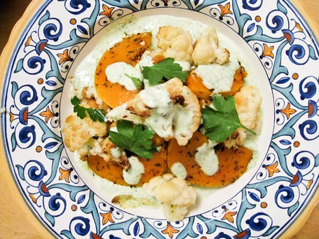 Recipe: Couscous with Parsley Yogurt Sauce, Spicy Acorn Squash, Roasted Cauliflower and Chickpeas