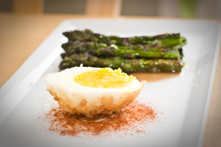 Panko-Crusted Egg With Cherry Smoked Asparagus, Smoked Paprika, And Sherry Gastrique