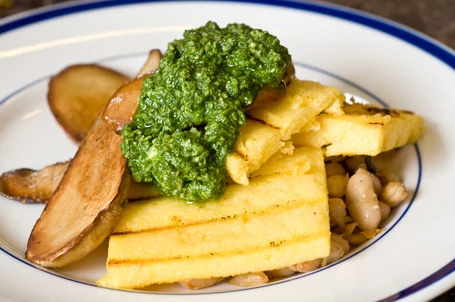King Oyster Mushrooms With Pesto, Grilled Polenta, and White Beans