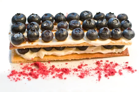 Blueberry Napoleon with Crème Fraîche and Raspberry Powder