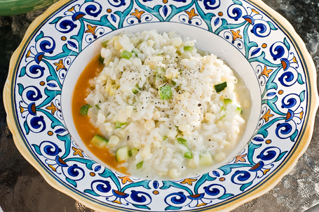 Summery risotto with corn, zucchini, and tomato oil