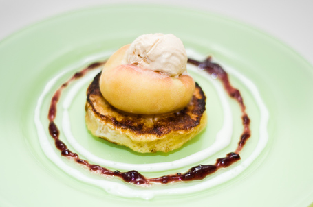 French toast, Saturn peach, marionberry sauce, buttermilk sauce, and dulce de leche ice cream