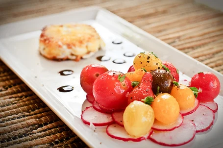 Peeled Cherry Tomato Salad With Pan Fried Goat Cheese