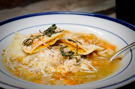 Pumpkin ravioli and vegetable soup