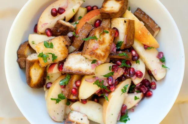 Pan-Seared Pressed Tofu with Apples and Champagne Vinaigrette - Recipe