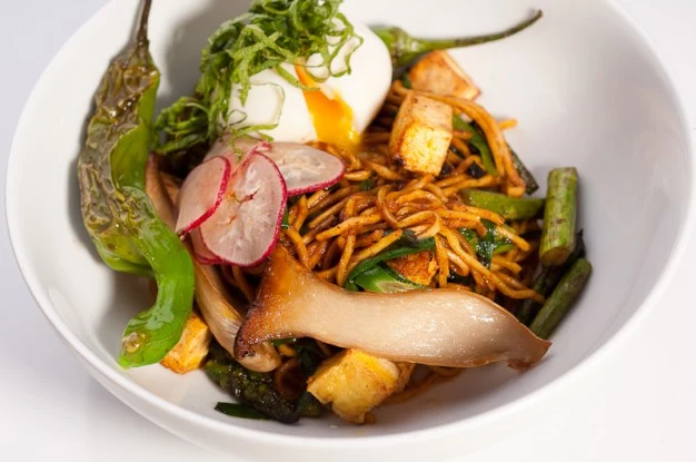 Korean Yakisoba with French Horn Mushroom, Tofu and 5:10 Egg - Recipe