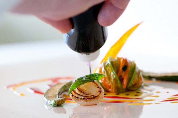 Chef Franey Plating Squash Blossom Stuff with Ratatouille