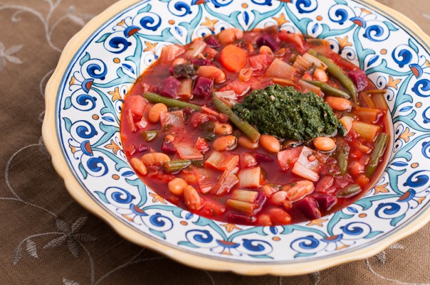 Red Winter Minestrone with Winter Greens Pesto