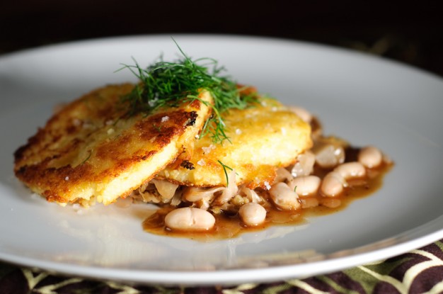 Crisp Polenta Cakes with Braised Cabbage and Beans