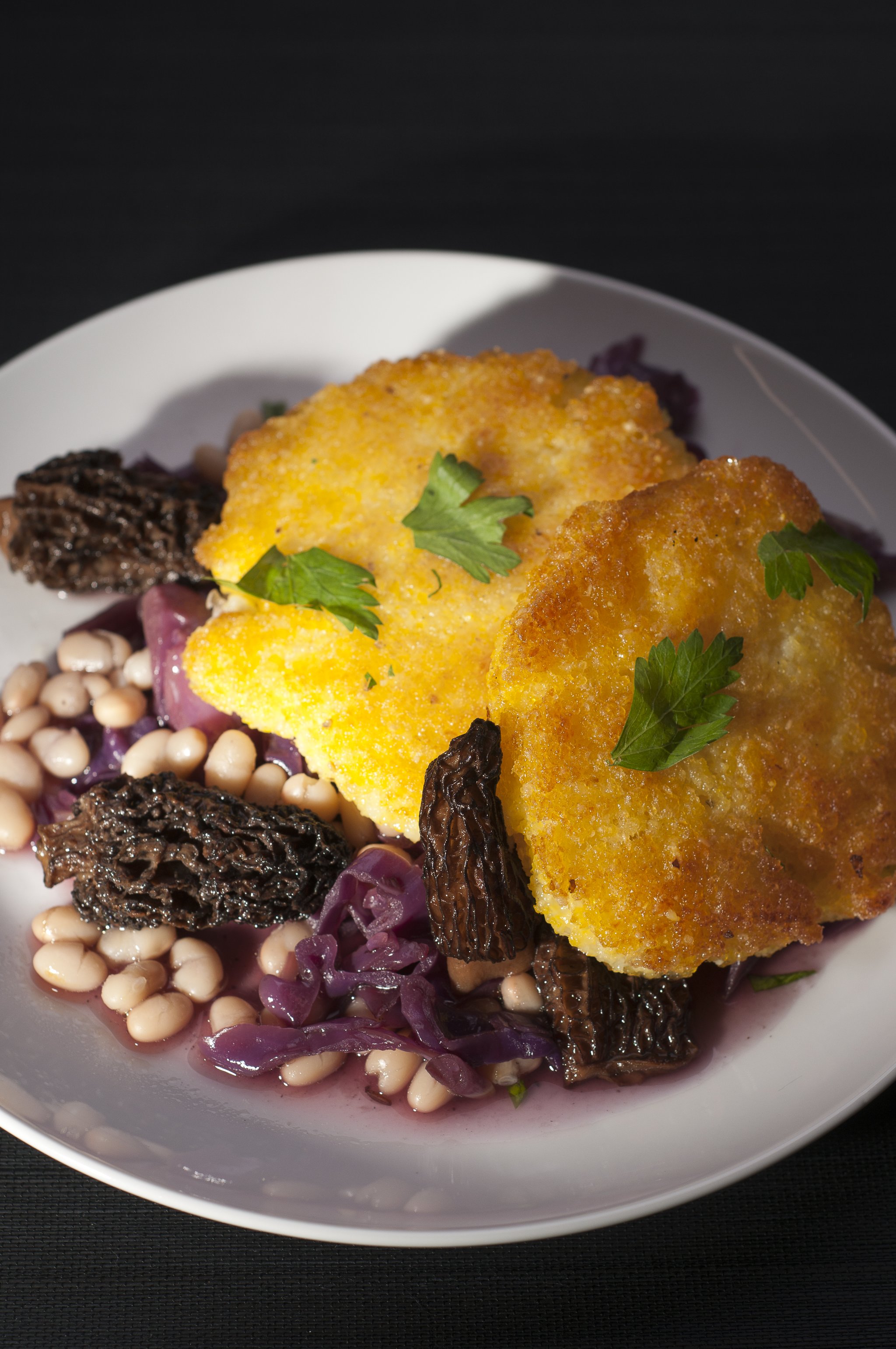 Crispy Polenta Cakes with White Beans and Morels - Recipe