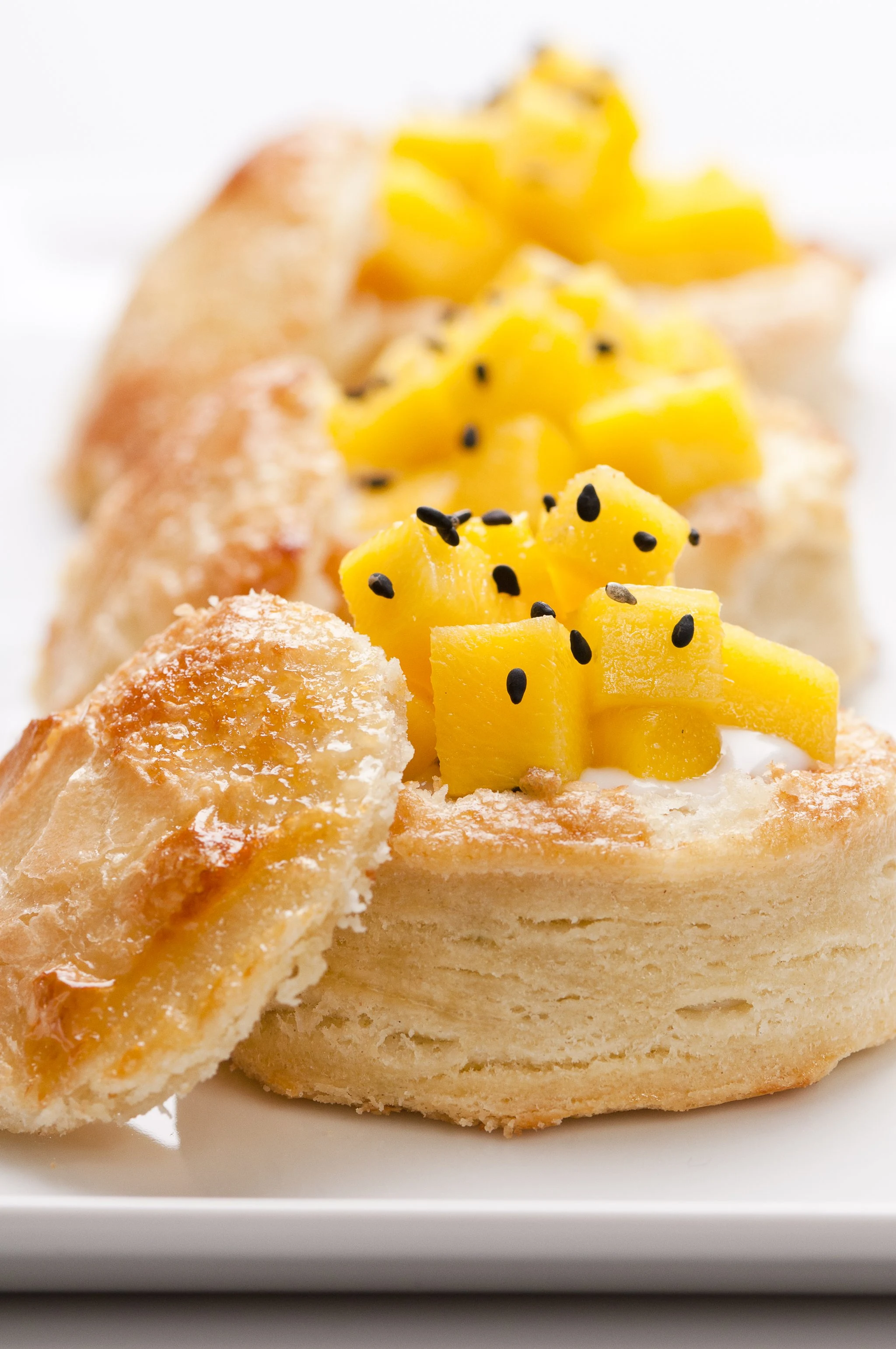 Mango Puffs with Lemongrass Coconut Pudding and Black Sesame - Recipe