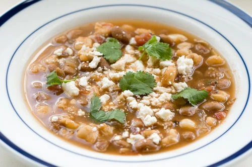 Vegetarian Pozole de Frijol - Quick and Hearty Soup with Hominy and Pinto Beans - Recipe