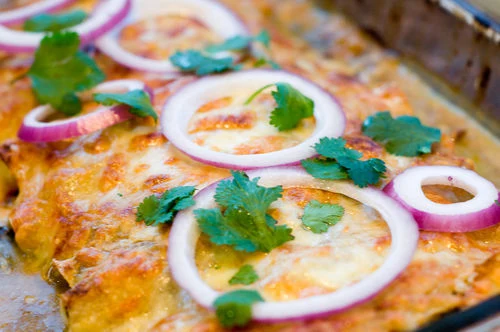 Swiss Chard, Onion and Monterey Jack-Filled Vegetarian Enchiladas in a Tomatillo Salsa - Recipe