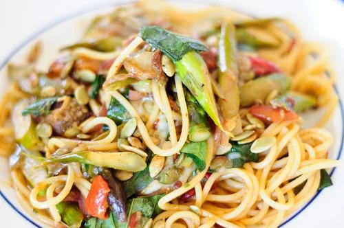 Kitchen Sink Spaghetti with Asparagus, Eggplant and Everything Else You Have in the House - Recipe