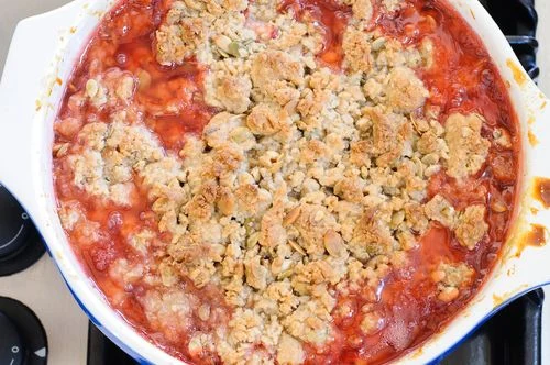 Strawberry Rhubarb Crisp with a Pumpkin Seed Topping - Recipe