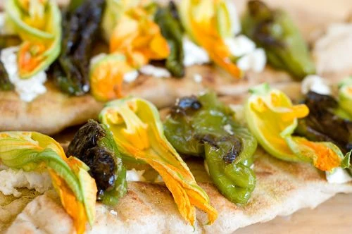 Grilled Flatbread With Padron Peppers and Zucchini Blossoms - Recipe