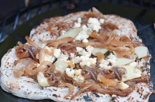 Grilled Pizza with Fingerling Potatoes, Blue Cheese and Caramelized Onions - Vegetarian Recipe
