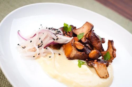 Chanterelle Mushrooms with a Corn Sauce and Asian Pear Slaw - Recipe