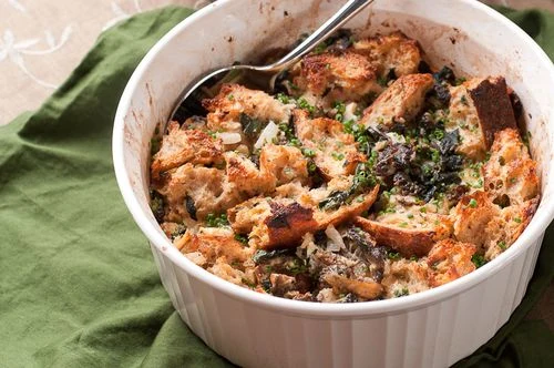 Savory Bread Pudding with Morels and Beet Greens - Recipe