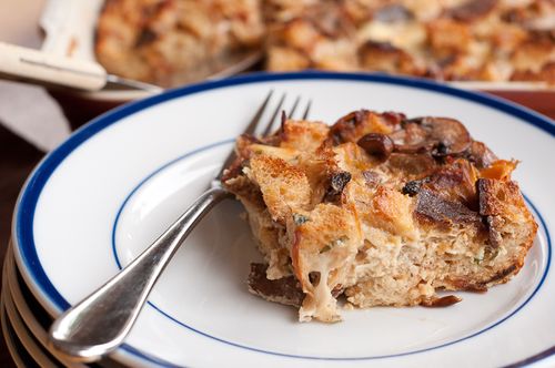 Strata with Caramelized Onions, Mushrooms and Smoked Mozzarella