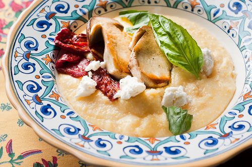 Polenta with Porcini, Oven Roasted Tomatoes, and Chevre
