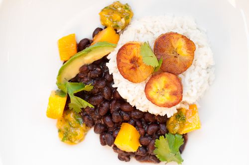 Coconut Rice with Black Beans, Plantains, and Mango Salsa
