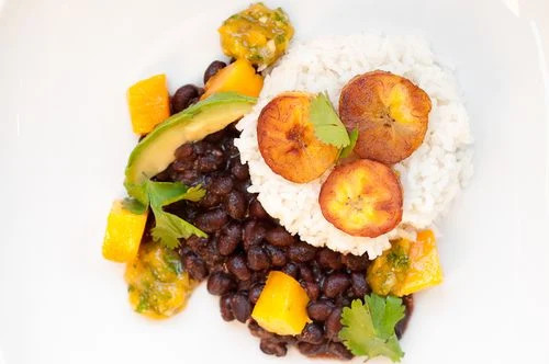 Coconut Rice with Black Beans, Plantains, and Mango Salsa - Recipe